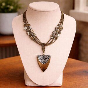 Handcrafted Multi-Strand Necklace Silver Black Plate Triangle Wood Pendant